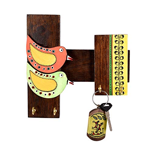 Image of AAKRITI ART CREATIONS Key Holder, Handcrafted Tribal Art Bird Theme Key Hanger | Rustic Wood Wall Organizer with 4 Hooks | New Home Gifts | Multifunctional Entryway Decor Item