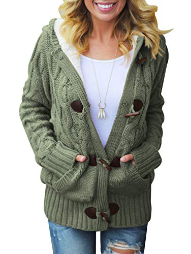 LANREMON Women Cardigan Sweaters Fleece Cable Knit Sweater Button up Soft Coat Winter Outwear with Pockets Army Green