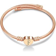 Women Initial F Letter Cuff Rose Gold bracelet Expandable Stainless Steel Bangle