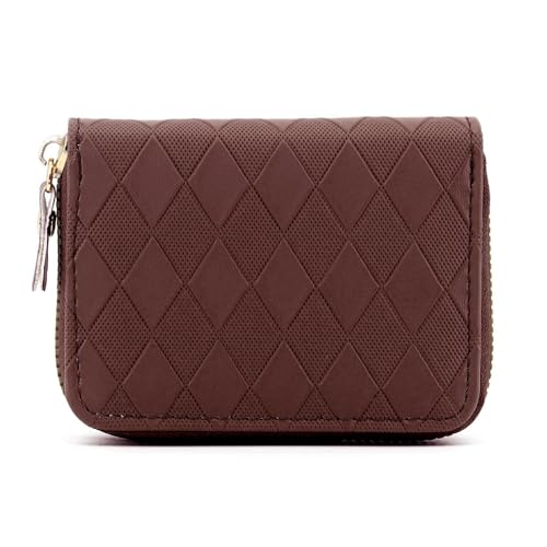 Diamond Pattern Credit Card Holder Wallet Zipper Leather Case Purse Small Card Case for Women or Men Small Compact Accordion Wallet with Zipper (DARK BROWN) - Main Image