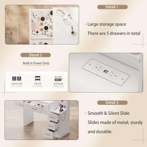 Image of 35.4 inch Makeup Vanity Desk with Charging Station, White Makeup Dressing Table with Mirror & Lights, 3 Lighting Modes Adjustable Brightness, Vanity Table with Power Outlet & 5 Drawers Gold Handle