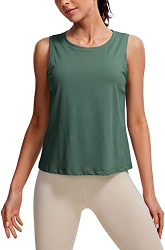 CRZ YOGA Pima Cotton Cropped Tank Tops for Women Workout Crop Tops High Neck Sleeveless Athletic Gym Shirts Graphite Green Medium