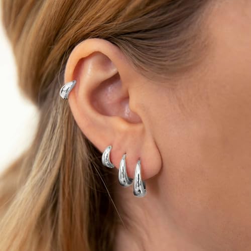 4PC Small Hoop Earrings for Women No Tarnish - Dainty Chunky Silver Earrings Trendy 925 Sterling Silver Plated Hypoallergenic Huggie Hoops Earring Set for Women Silver Jewelry Gift