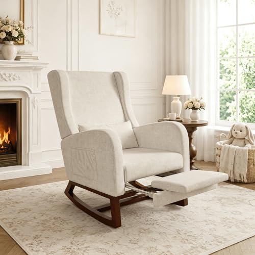 Miniatura 3 de Sillón Mecedora Con Reposapiés Extensible Y Cojín, Butaca Mecedora Tapizada En Tejido De Terciopelo Suave Con Bolsillos Laterales, Silla Relax Con Patas De Madera Para Salón Y Dormitorio, Beige