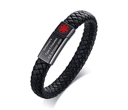 MEALGUET Custom Braided Genuine Leather Medical ID Wristband Mens Medical Alert Leather Bracelet with Stainless Steel Clasp