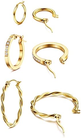 LOLIAS 3Pairs Small Hoop Earrings for Women Girls 14K Gold Twisted Huggie Hoop Earrings Hypoallergenic Hoop Earrings Set Lightweight Hinged Cubic Zirconia Hoops Sleeper Earrings for Men