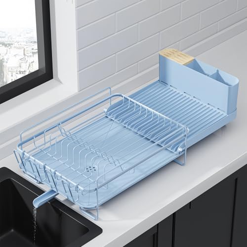 Image of Kitsure Extendable Dish Drying Rack, 19.2 inch-26.7 inch L x 12.9 inch W, Blue | Large Dish Rack, Multifunctional Dish Rack for Kitchen Counter, Anti-Rust Dish Drainers with Cutlery & Cup Holders