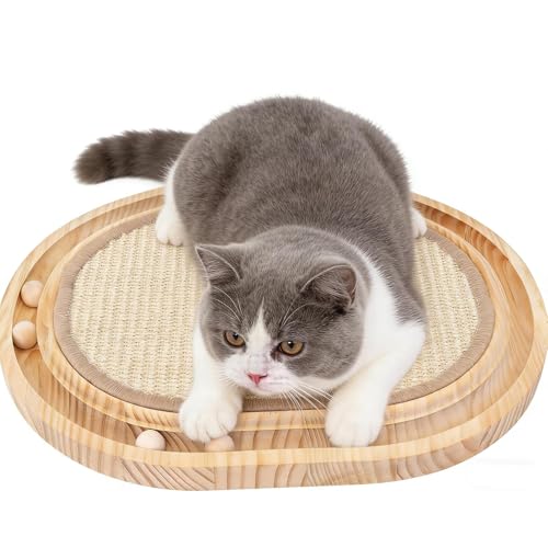 Katzen Kratzbrett, 2 in 1 Kratzbretter Katze und Katzenspielzeug Kugelbahn Holz, 43x33x2,5cm Kratzmatte Katze mit 6 kleine Rollkugeln, für Katzen zum Kratzen, Spielen und Schlafen