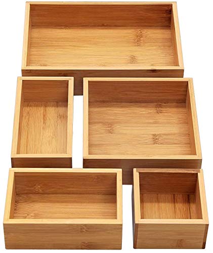 INTERGREAT 5-Piece Bamboo Storage Box Drawer Organizer Set Storage Organizer Divider for Office Desk Supplies and Accessories