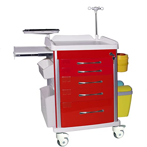 Carro de enfermería médico Carro de emergencia liviano de 5 cajones con paquete de accesorios Carro de servicios públicos con cerradura para hospitales, salones de belleza, hogares de ancianos, rojo Cover