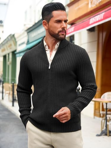 Runcati Mens Full Zip Cardigan Sweater Casual Mock Neck Ribbed Knitted Winter Chunky Sweaters2