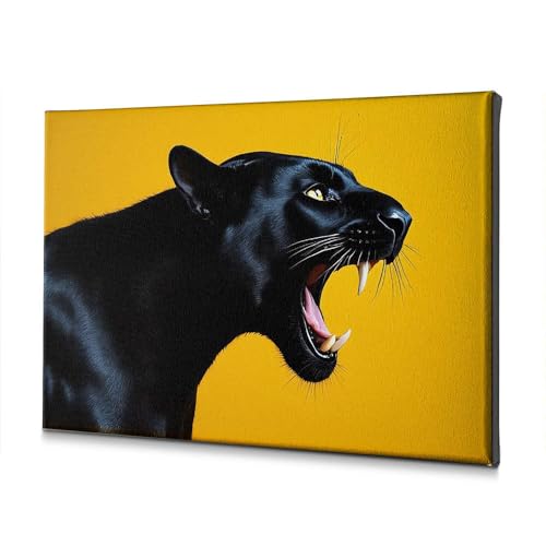 Panthère noire rugissant tableau décoration salon moderne en toile jaune