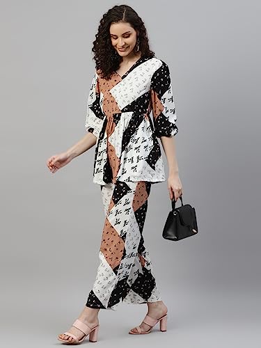 Image of DEEBACO Women's Patch Print Rayon Flared Tunic & Pants Co-Ord Set for Women V-Neck & 3 /4 Puff Sleeve Ladies Party Casual Wear Fashionable for Girls Relaxed Fit Cord Set (DBCOMR00000885 XS Multicolor)