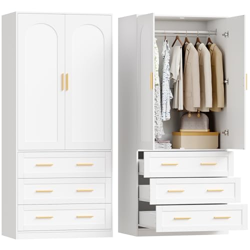 YUNSCEND Wooden Armoire Wardrobe Closet with 3 Drawers, 71" Freestanding Clothing Storage Cabinet with Hanging Rod, White Wardrobe Armoire with 2 Doors for Bedroom, Laundry Room, Cloakroom, UXFYG001W