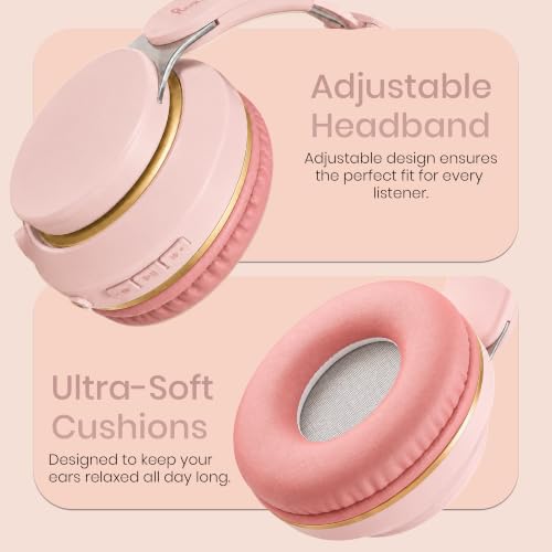 Image of PunnkFunnk FusionBeat Wireless Bluetooth Headphones with BT 5.3, Noise Cancelling, Hi-Res Audio, 40mm Drivers, Deep Bass, Memory Foam Ear Cushions, Over-Ear Headset, Teens & Adults (Pink)