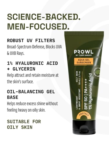 Image of PROWL by Tiger Shroff Aqua Gel Men Sunscreen SPF50 PA++++ for Oily Skin | Face Sun Screen with 1% Hyaluronic Acid | Lightweight, Sweat Resistant Sun Cream for Oily, Dry & All Skin Types | 50ml