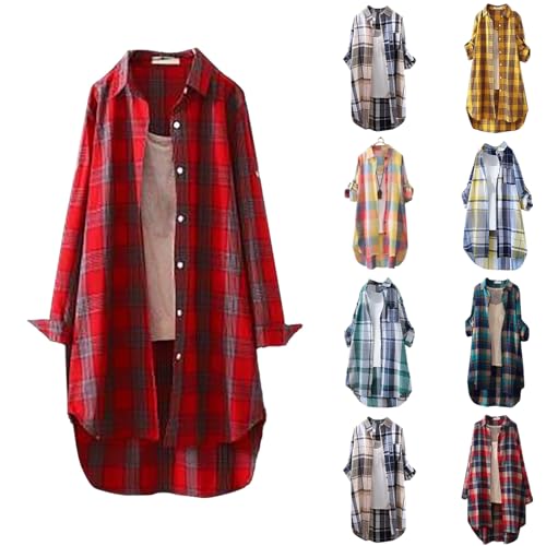 Plaid Cardigan for Women 2025 Tunic Tops Fall Fashion Plus Size Open Front Roll Up Sleeve Button Down Shirts