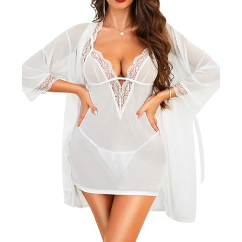 RSLOVE Women Sexy Lingerie Set - 3pc Lace Mesh Babydoll with 3/4 Sleeve Robe & Panty Adjustable Strap Nightgown Sleepwear XX-Large White