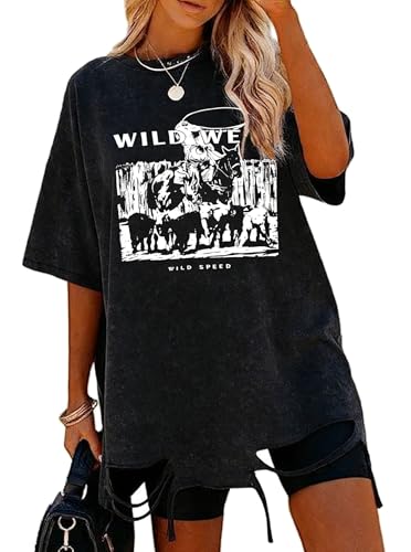 Remidoo Womens Distressed Oversized Tshirt Acid Wash Short Sleeve Western
