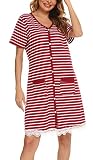 Vlazom Damen Nachthemd Baumwolle Streifen Nachtkleid V-Ausschnitt Stillnachthemd Kurzarm Knopfleiste umstandsnachthemd Schlafshirt mit Taschen(M,Stil B-weinrot)