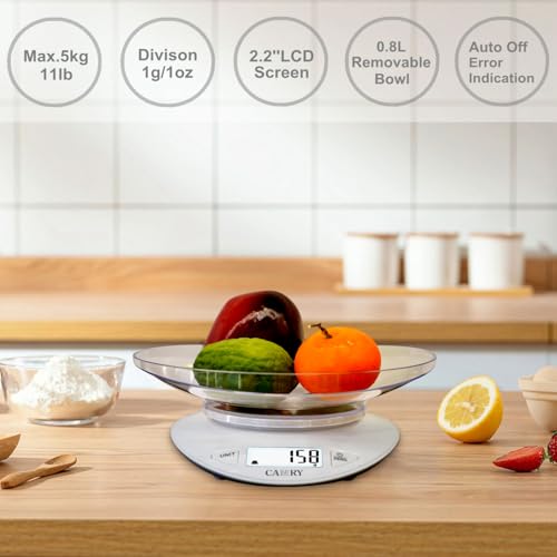 CAMRY Cyfrowa waga kuchenna ze zdejmowaną miską do pieczenia i gotowania, 5 kg, duży wyświetlacz LCD i funkcja tarowania, biała