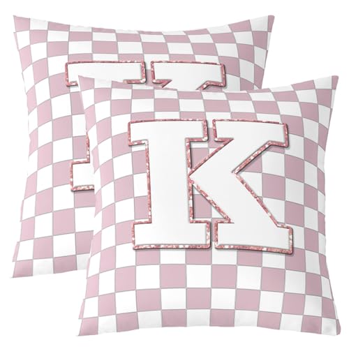 Image of Erosebridal Pink Initial K Throw Pillow Covers 22x22 Set of 2 Kawaii Plaid Checkered Pillow Covers Cute Personalized Monogram Cushion Cover Fashion Grids Gingham Pillow Cases for Couch Sofa