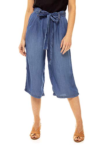 Calça Pantacourt Jeans SOB Azul Com Faixa De Amarrar E Bolsos