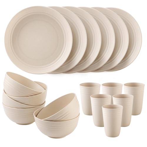 18PCS Wheat Straw Dinnerware Sets, Kitchen Dinnerware Set Unbreakable Cups Plates and Bowls Set Lightweight Dish Set Microwave and Dishwasher Safe by Lezuoey - Used condition - US$17.22