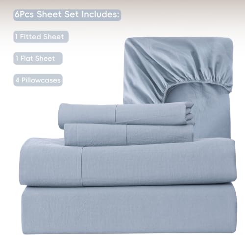 Image of MooMee Sheet Set 100% Washed Cotton Linen-Like Extra Deep Pocket Queen | Relaxed Linen-like Texture. Soft, Breathable & Lightweight Comfort. 15-19 inch Extra Deep Pocket with All-around Elastic