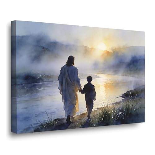 Christian Art Canvas Jesus And Boy Walking Together By The Misty Riverbank Wall Art Religious Home Decor Bible Verses Wall Decor for Living Room Christian School, Community Centers Wrapped Canvas