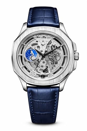 Image of judge Skeleton Quartz Watch with Moon Phase Display, Blue Leather Strap, Silver Stainless Steel Case, Luxury Analogue Watch for Men
