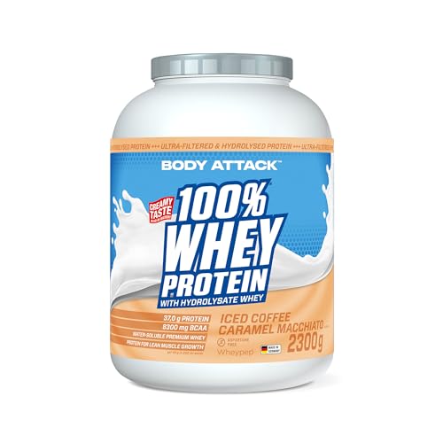 Body Attack 100% Whey Protein Iced Coffee Caramel Macchiato, 2,3 kg - Made in Germany - cremiges Eiweißpulver mit Hydrolysat und BCAA´s, unterstützt Muskelaufbau und Diäten, für Sportler & Athleten