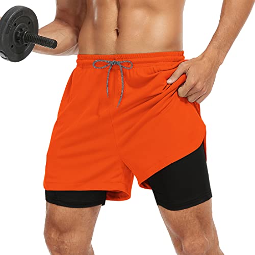 American Trends Mens 2 In 1 Workout Quick Dry Running Shorts Gym Shorts With Compression Liner, Athletic Shorts With Zipper Pockets Orange 2Xl #TOP23