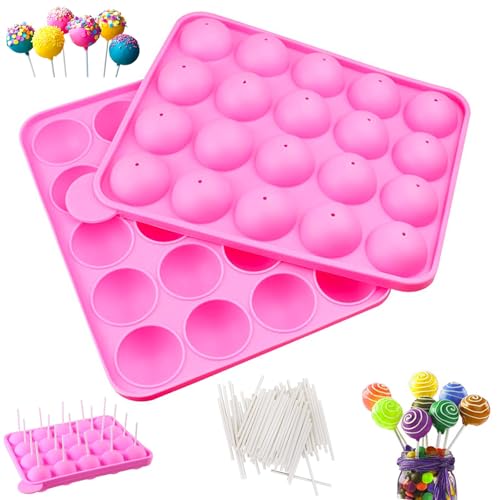 thirei Cake Pop Formen Backen, 2 Stück Runde Silikonform, Antihaftbeschichtet, mit 100 Stück Lollipop Sticks, Rosa