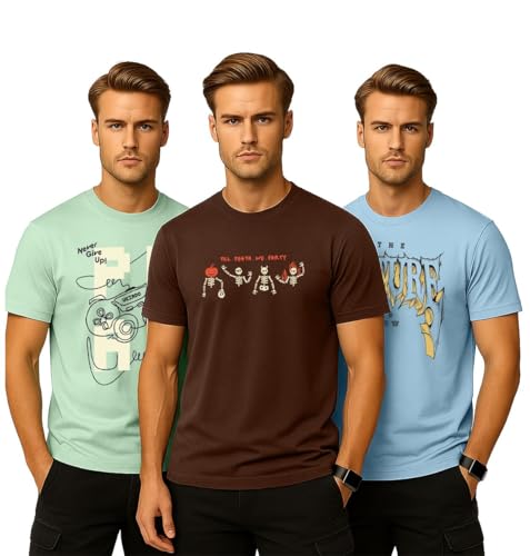 Image of Veirdo 100% Pure Cotton Regular Fit Aesthetic Graphic Printed Round Neck Half Sleeve T-Shirt Combo for Men (Pack of 3) (Green,Red,Swanwhite,Black,Navy Blue,White,Brown,Royal Blue)