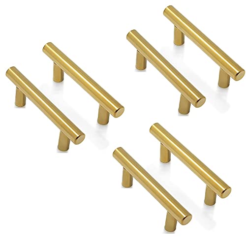 ANSIEDIO 6 Piezas Tiradores Cocina Tiradores Armarios en Forma de T-barra Acero Inoxidable, Oro (64mm Distancia de agujeros)