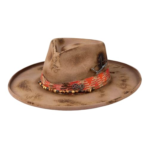 Image of RUEDIGER Vintage Pencil Brim Fedora Hats 100% Wool Felt Hat Panama Rancher Hat with Lightning Logo Handmade Distressed /Burned