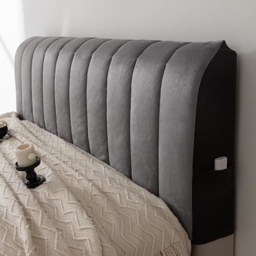 Image of HOMETHREADS Velvet Padded Headboard Cover with Foam - Soft, Wrinkle-Resistant Bed Back Protector, Suitable for Wooden, Leather & Upholstered | Fits 6 ft Headboards only (68x180 cm) (Dark Grey)