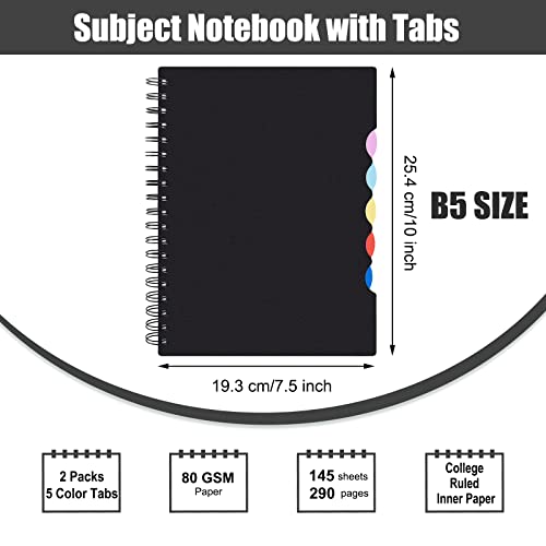 Eoout 2 Pack Multi Subject Notebook, Spiral Notebook College Ruled With Tabs, 7.5”×10”, Lined Journals With Dividers, 290 Pages, For Gifts, School Office Supplies #TOP1