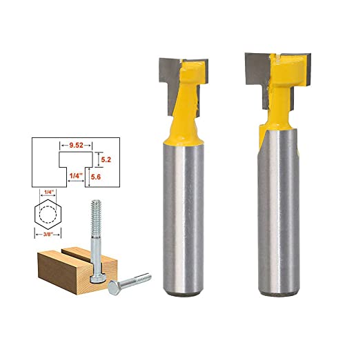 Bestgle 2 piezas de fresa amarilla con ranura en T,Ranurado en T con Mango de Acero,Fresa para Madera con Ranura en T broca para borde de corte de 3/8 '' y 1/2 ''