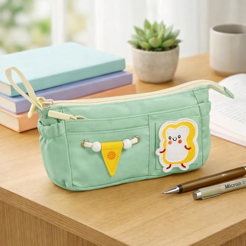 Image of Canvas School Bag Pencil Case, 3 Layer 6 Compartment Large Capacity, Aesthetic Pencil Pouch for Stationary, Cute Stationery for Kids, Pencil Case for Girls & Boys (Pista)