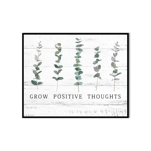 1 KINGO Grow Positive Thoughts Framed Wall Art 12x15 Inch – Inspirational Sage Green Eucalyptus Motivational Affirmation Print, Boho Botanical Decor for Office, Bedroom, Living Room
