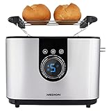 MEDION Toaster mit Brötchenaufsatz (2 Schlitz, LED Anzeige, variable Temperatureinstellung, 7 Bräunungsstufen, Aufwärmen, Auftauen, Stopptaste, 920 Watt, MD10216) siber