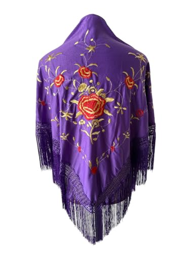 Genérico FLAMENKA ROCIERA Mantón de Flamenca, Mantoncillo Bordado Floral, 150x80cm con Flecos de 24cm, Poliéster