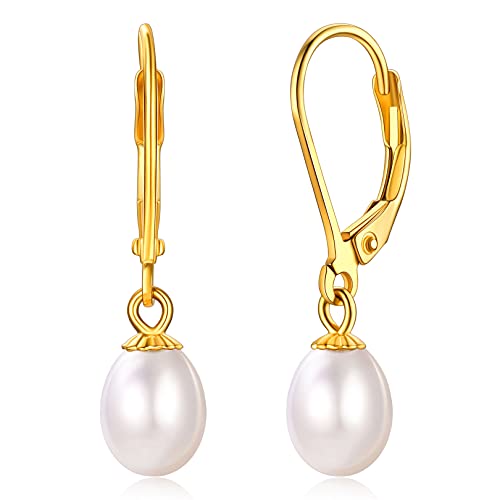 FOCALOOK Boucle d'Oreille Dormeuse Femme Argent Plaqué Or Serti de Perle de Culture d'Eau Douce de...