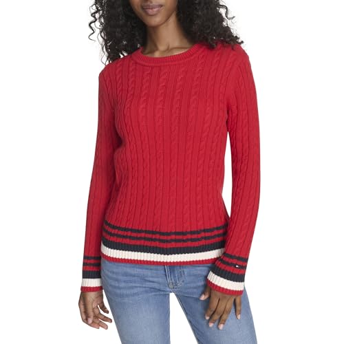 Tommy Hilfiger Women's Sportswear Cotton Crewneck Cable Sweater, Scarlet Multi, Large