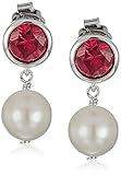 MORGAN & PAIGE .925 Sterling Silver Rhodium Plated Bezel-Set 6mm Created Ruby Birthstone and 8mm White Freshwater Cultured Pearl Drop Earrings - Secure Comfortable Post Stud Earrings for Women