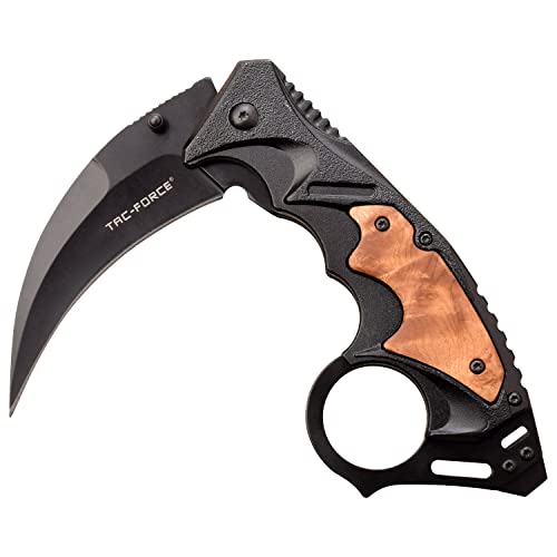 Image of Tac-Force Folding Pocket Knife - Black Stainless Steel Hawkbill Blade and Black Aluminum Handle w /Wood Inlay and Pocket Clip, Liner Lock, Tactical, EDC, Rescue - TF-957WD