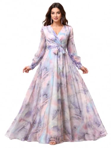 Image of LITZO Women's One Piece Dress - Georgette Floral Printed Western Gown | Long Sleeve V Neck Fit & Flare Flared Hem Design | A-Line Maxi Dress for Women | New Year Party Outfit (NO-08-10)