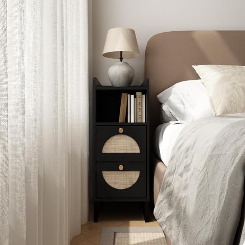 WINWY Narrow Nightstand for Small Spaces - 9.3" Slim Side Table with Rattan-Weave Drawers, Skinny Bedside Table with Open Shelf, Rustic Tall Thin Gap Filler for Bedroom & Sofa Side, Black, Set of 2 by WINWY - Used condition - Image 3